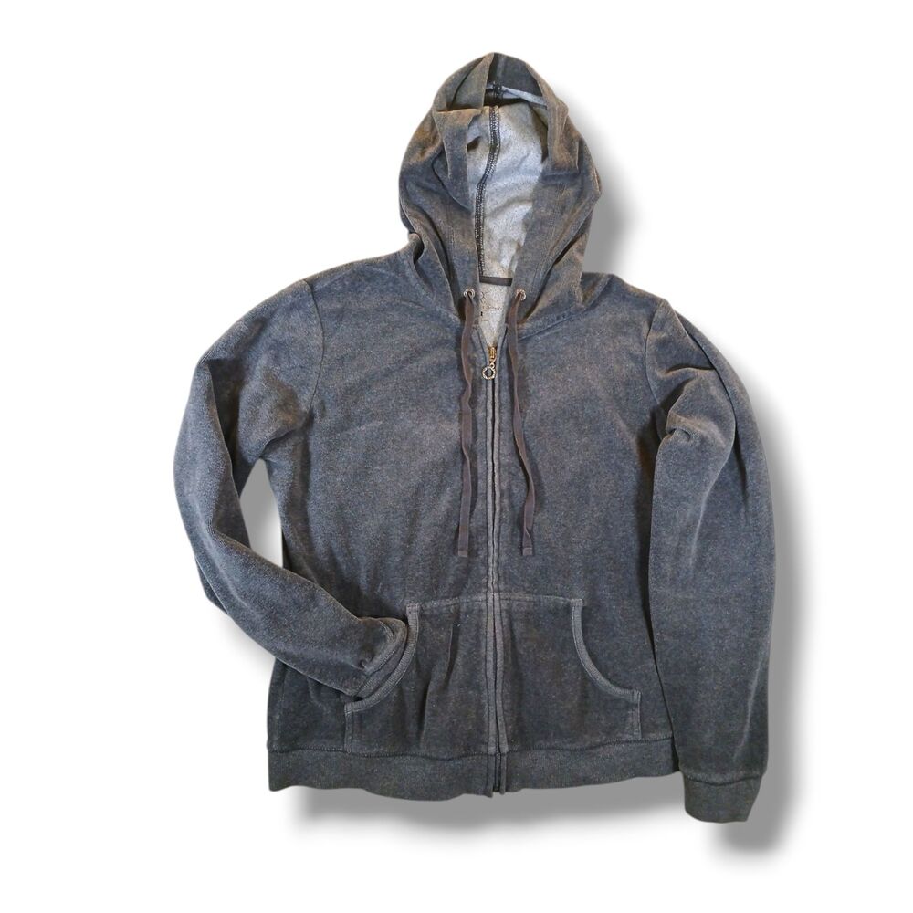 New York & Company Gray Velour Full Zip Hoodie Regular Fit Pockets Size M